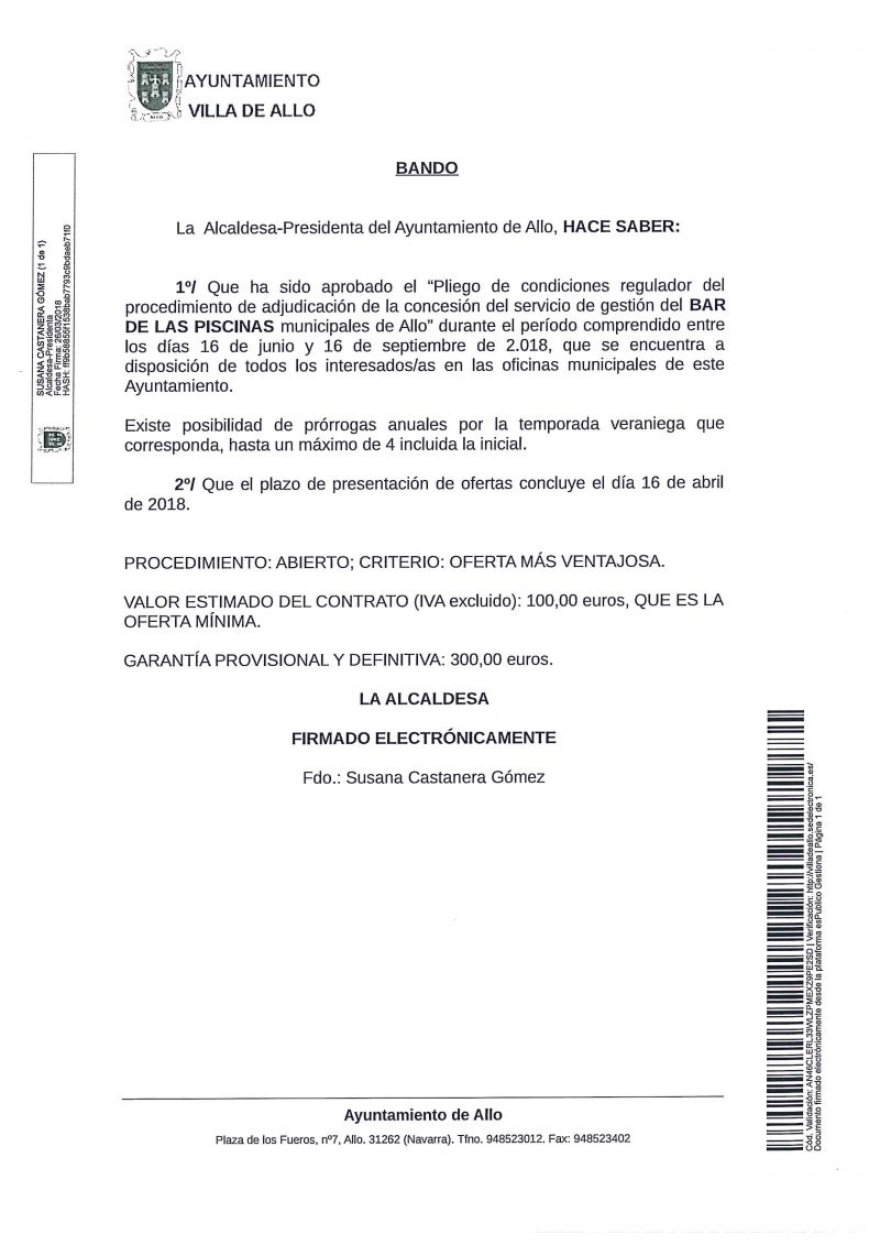 CONTRATACIÓN PARA LA CONCESIÓN DEL SERVICIO DE GESTIÓN DEL BAR DE LAS PISCINAS MUNICIPALES DE ALLO.