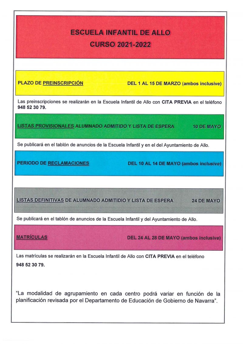 FECHAS ESCUELA INFANTIL CURSO 21-22