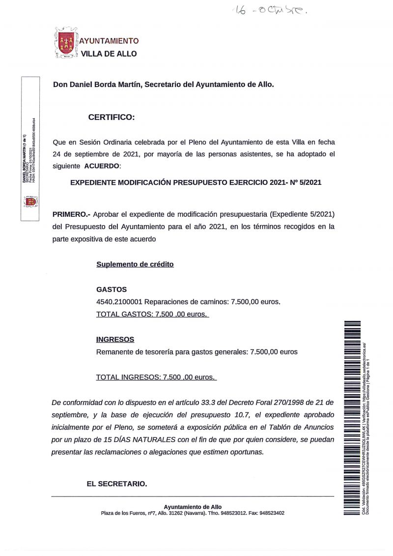 MODIFICACION PRESUPUESTARIA 5/2021