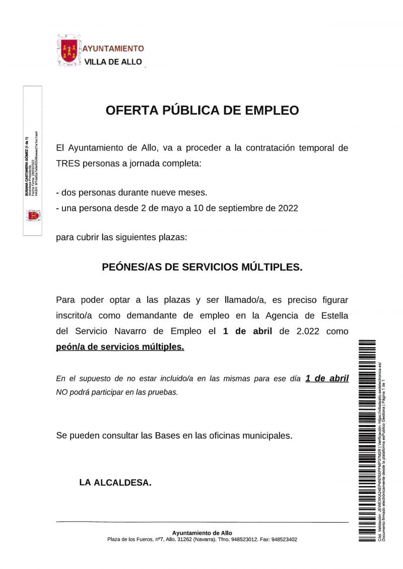 OFERTA PÚBLICA DE EMPLEO AYUNTAMIENTO DE ALLO