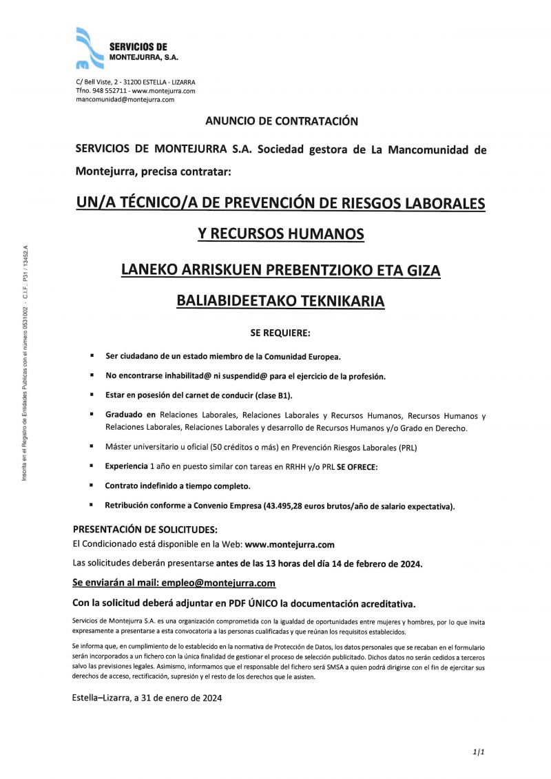 OFERTA DE EMPLEO MANCOMUNIDAD DE MONTEJURRA
