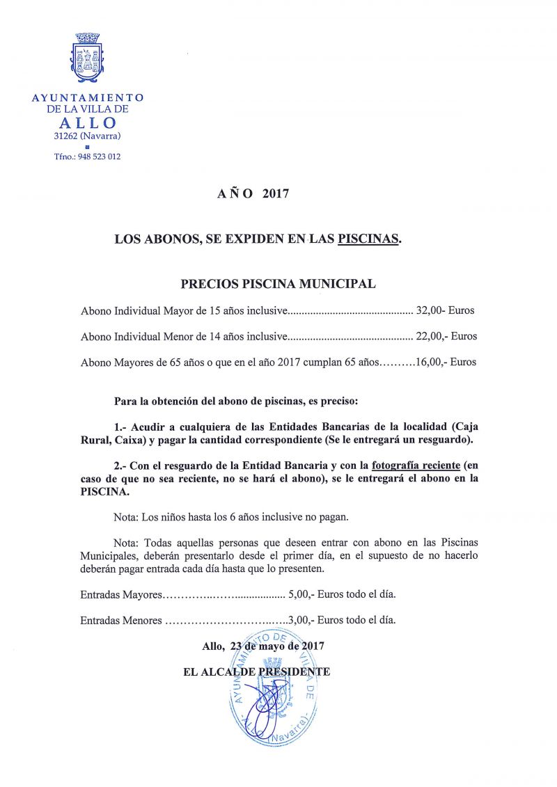 PRECIOS PISCINA MUNICIPAL