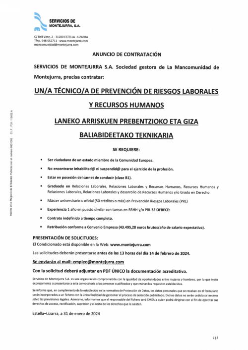 OFERTA DE EMPLEO MANCOMUNIDAD DE MONTEJURRA