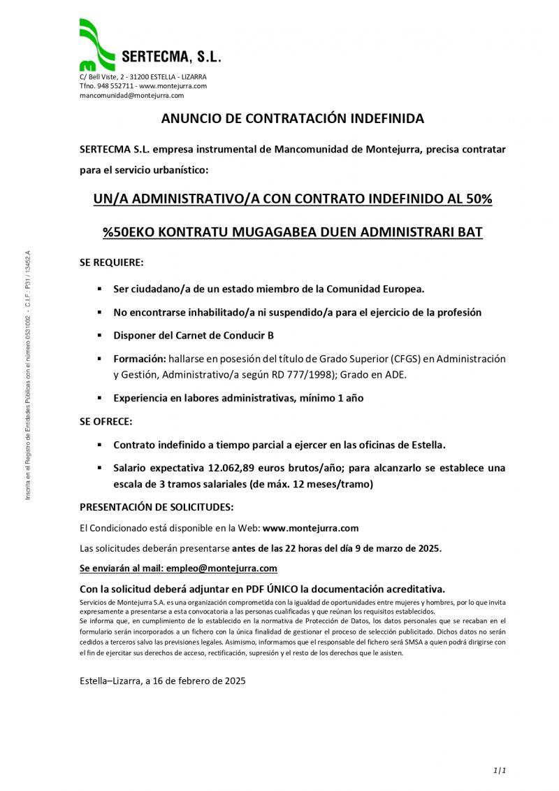 OFERTA DE EMPLEO MANCOMUNIDAD DE MONTEJURRA