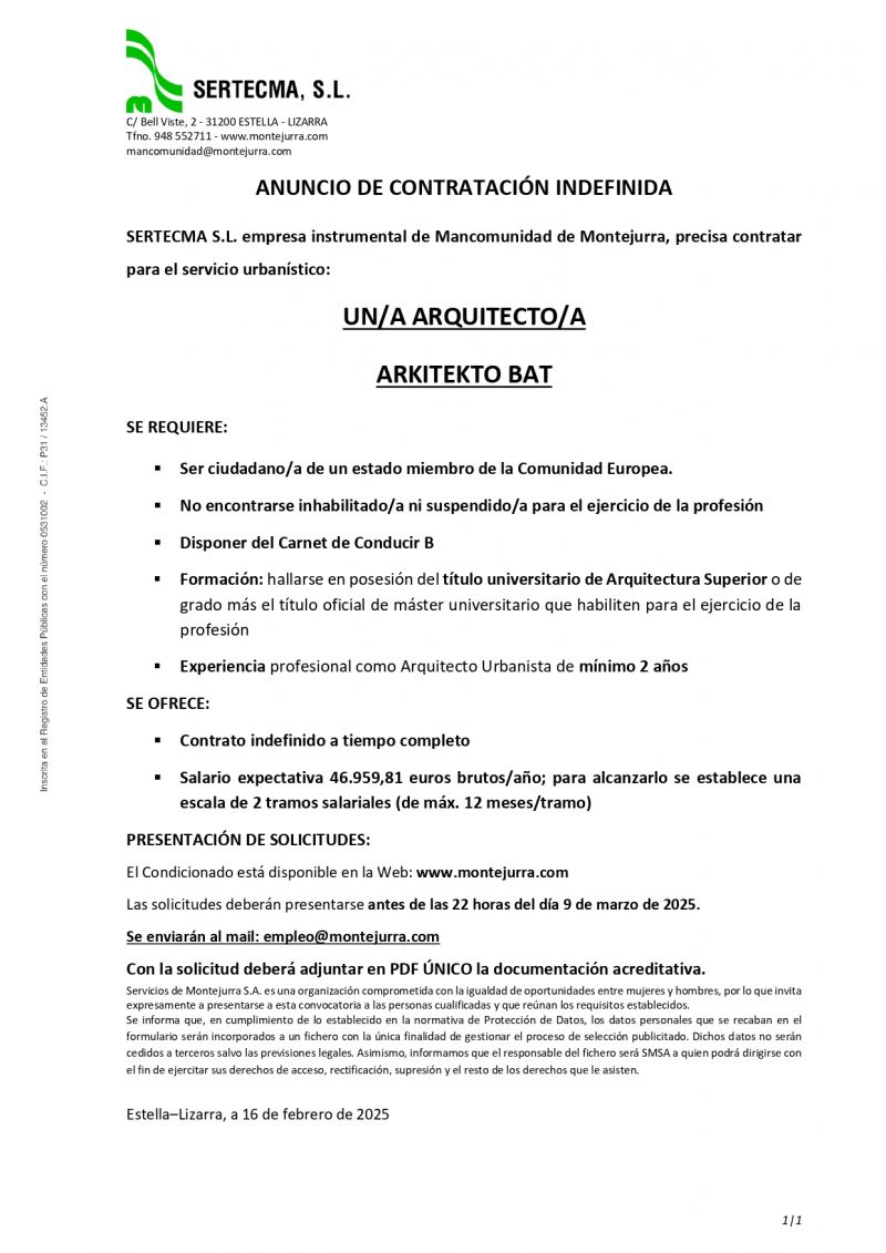 OFERTA DE EMPLEO MANCOMUNIDAD DE MONTEJURRA